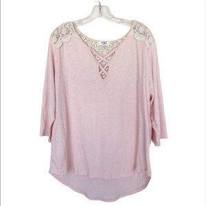 Umgee Boho Pink Crochet 3/4 Sleeve Tunic Top